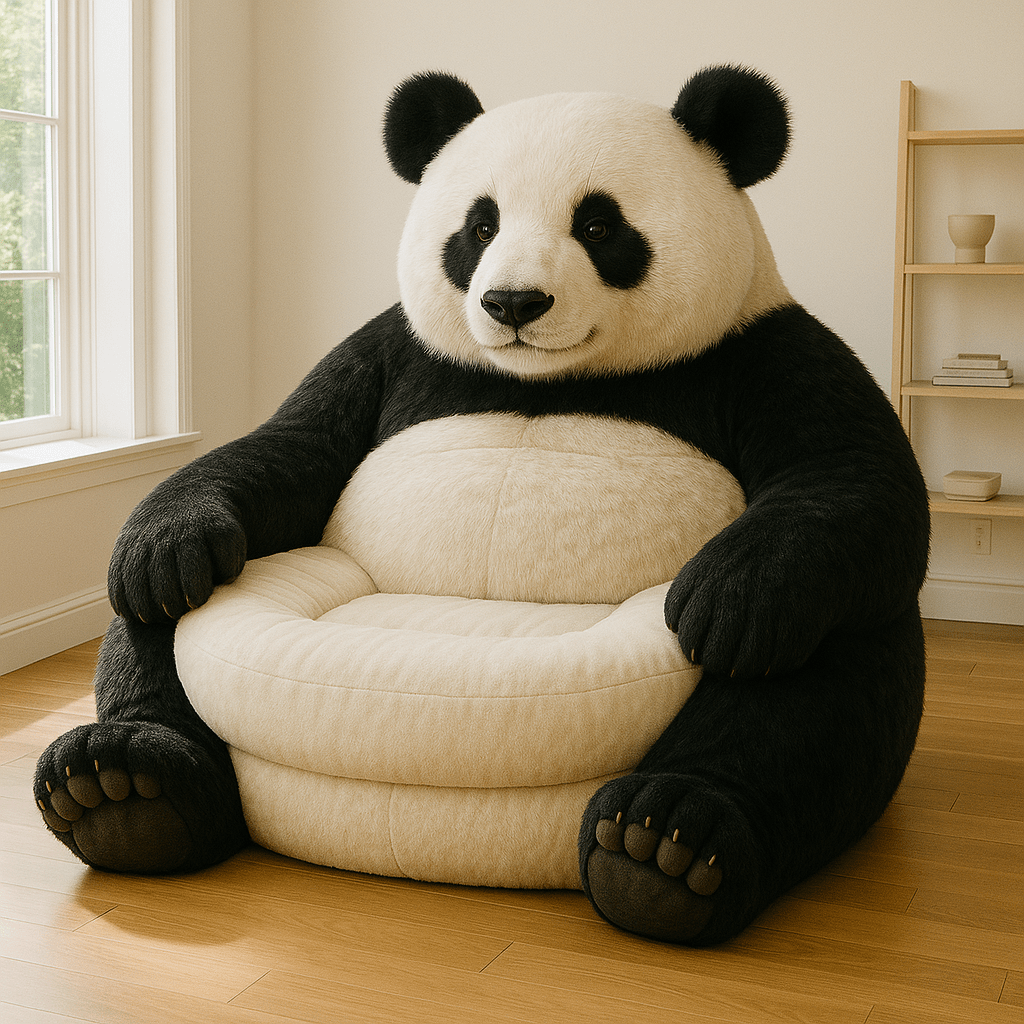  Realistic black-and-white panda armchair with cream seat in natural light.