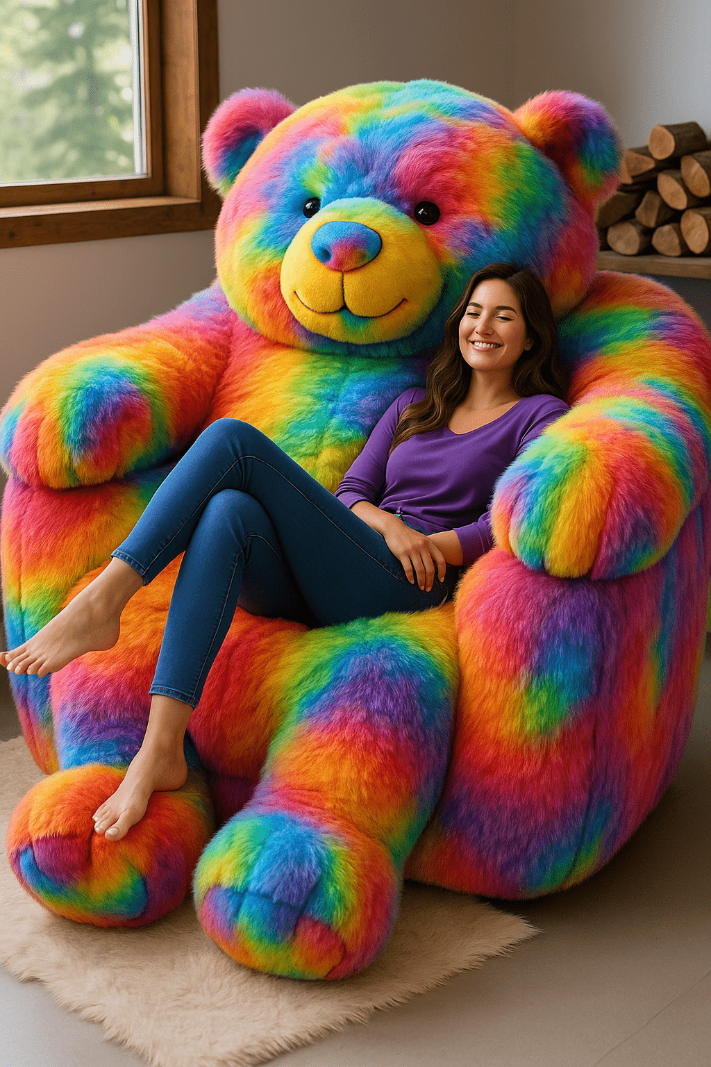 Woman relaxing on oversized rainbow teddy bear chair in colourful room