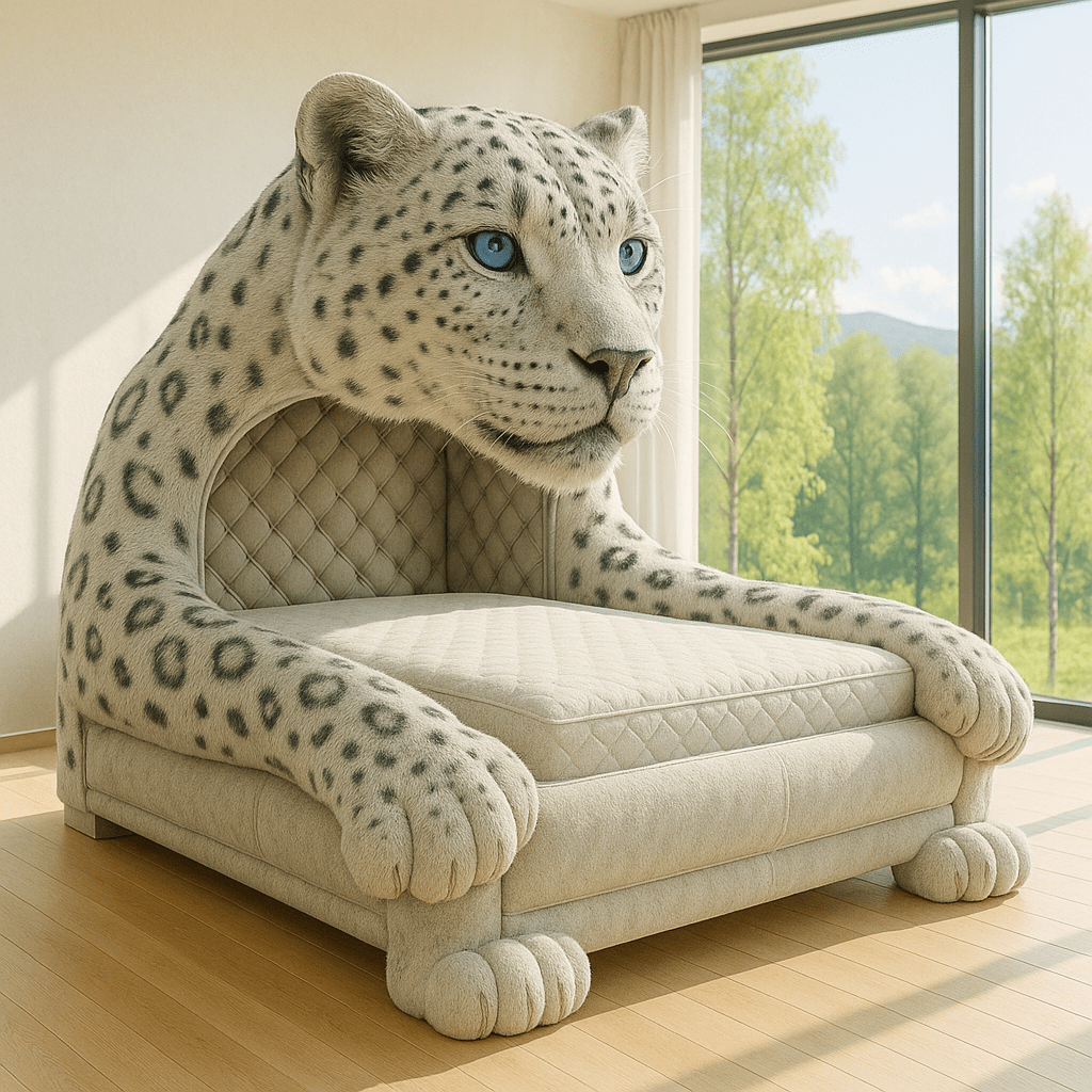 Elegant snow leopard-inspired bed with white spotted design and blue eyes in a light modern bedroom.