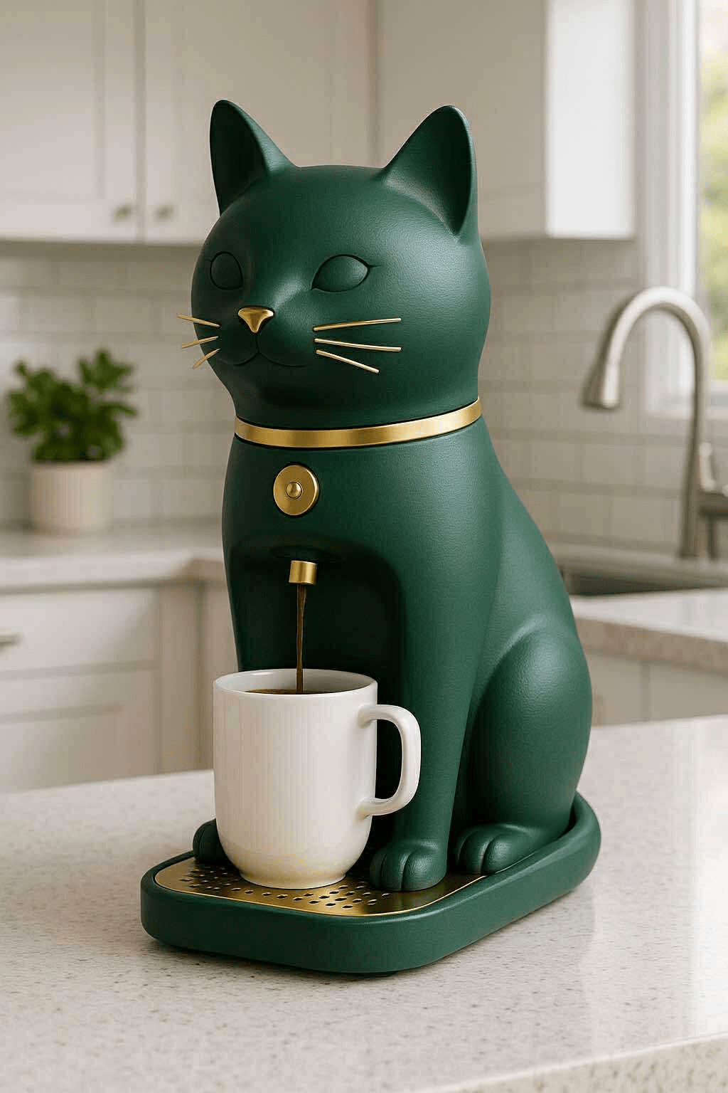 Green cat coffee machine with golden details brewing coffee into a white mug.