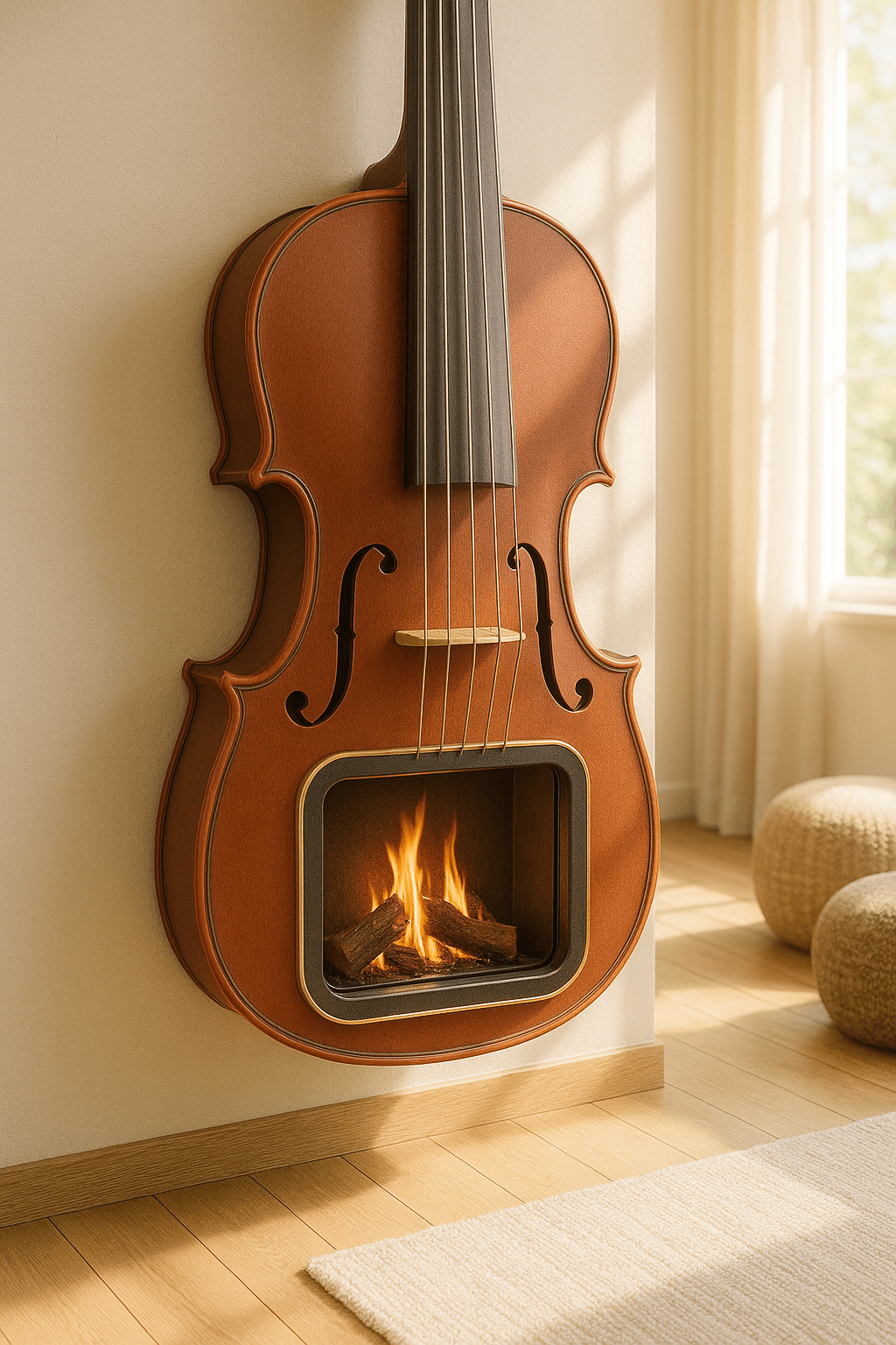 Wooden violin-shaped wall fireplace with glowing fire inside.