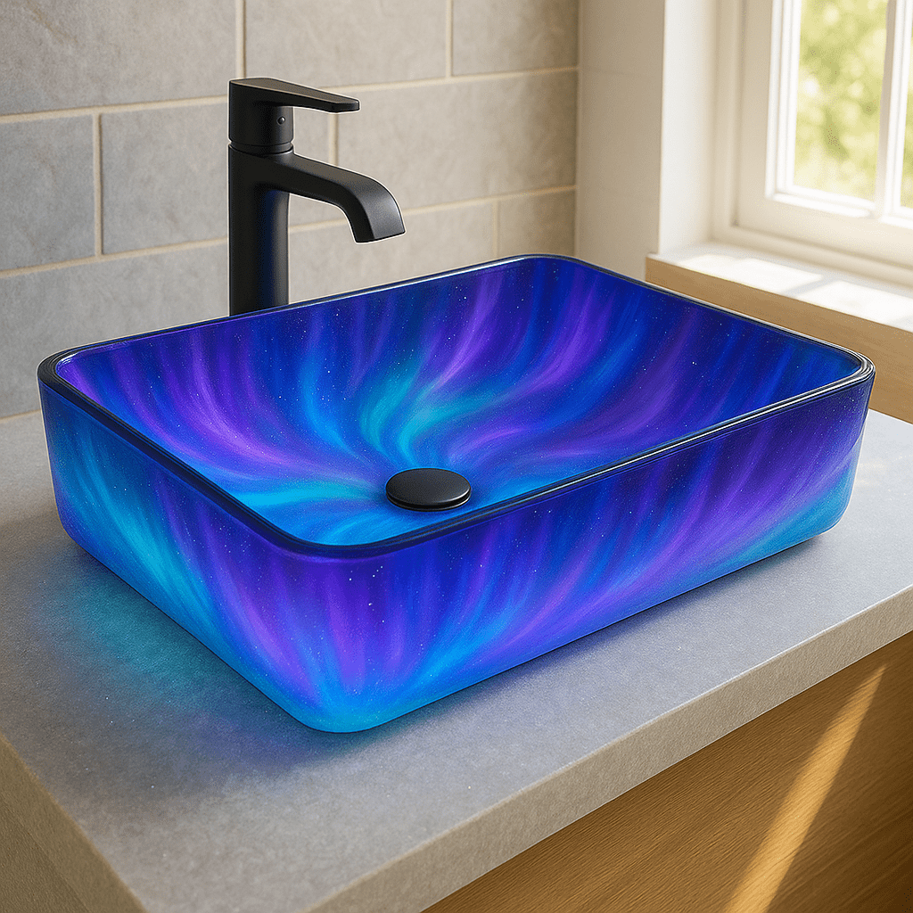 Rectangular glass sink inspired by the Northern Lights with glowing purple and blue hues