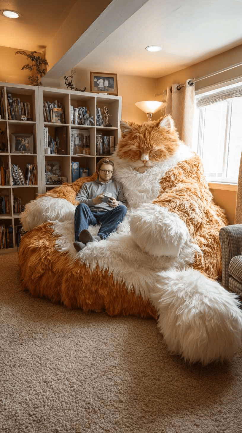Giant ginger and white oversized cat armchair with a person sitting comfortably.