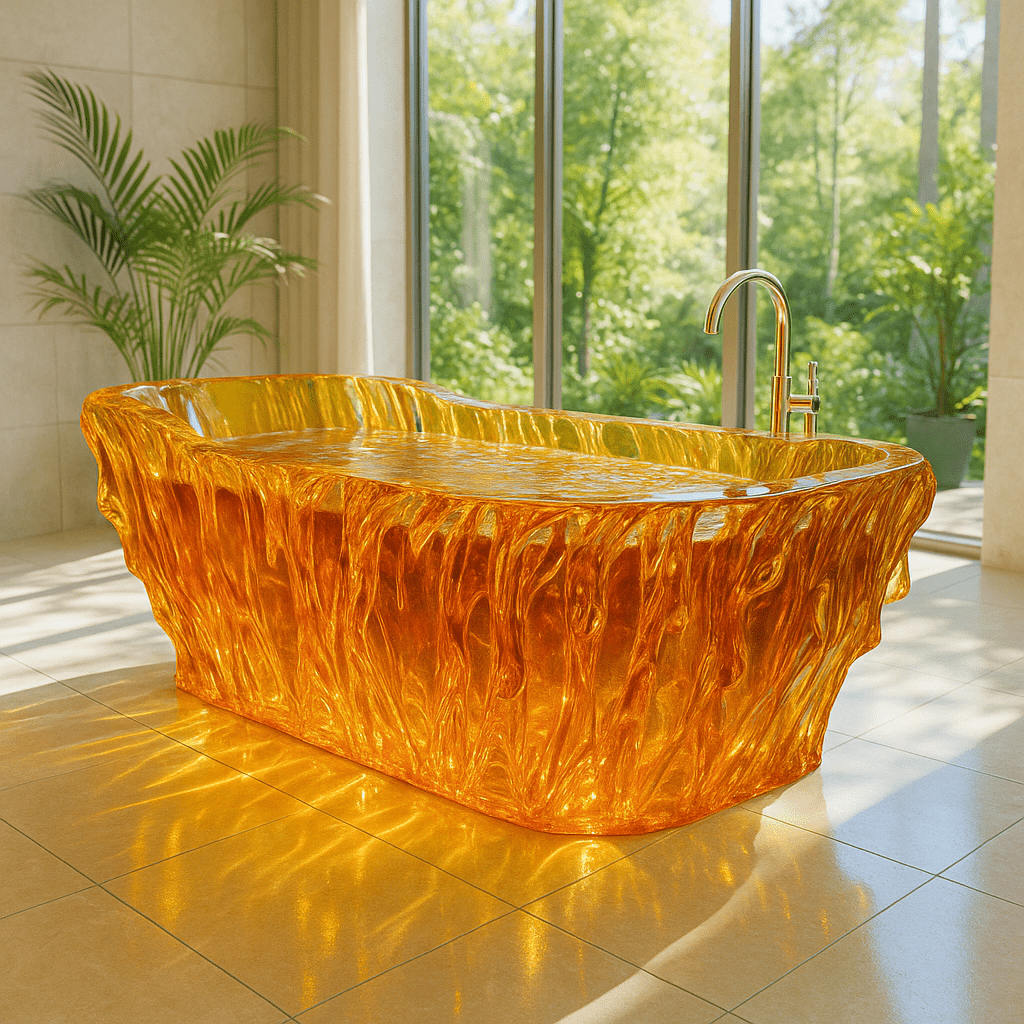 Radiant amber elemental bathtub with gemstone-like glow and carved textures.