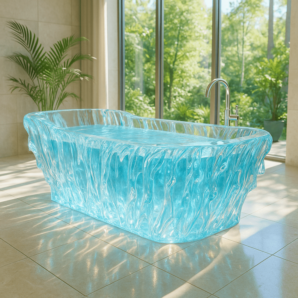Elegant blue elemental bathtub inspired by flowing water currents with translucent design.