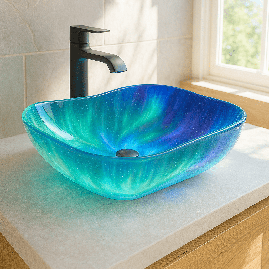 Irregularly shaped glass sink featuring Northern Lights design in luminous greens and blues