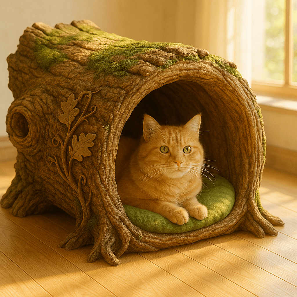 Ginger cat lying on a green cushion inside a hollow tree trunk pet bed with moss detailing