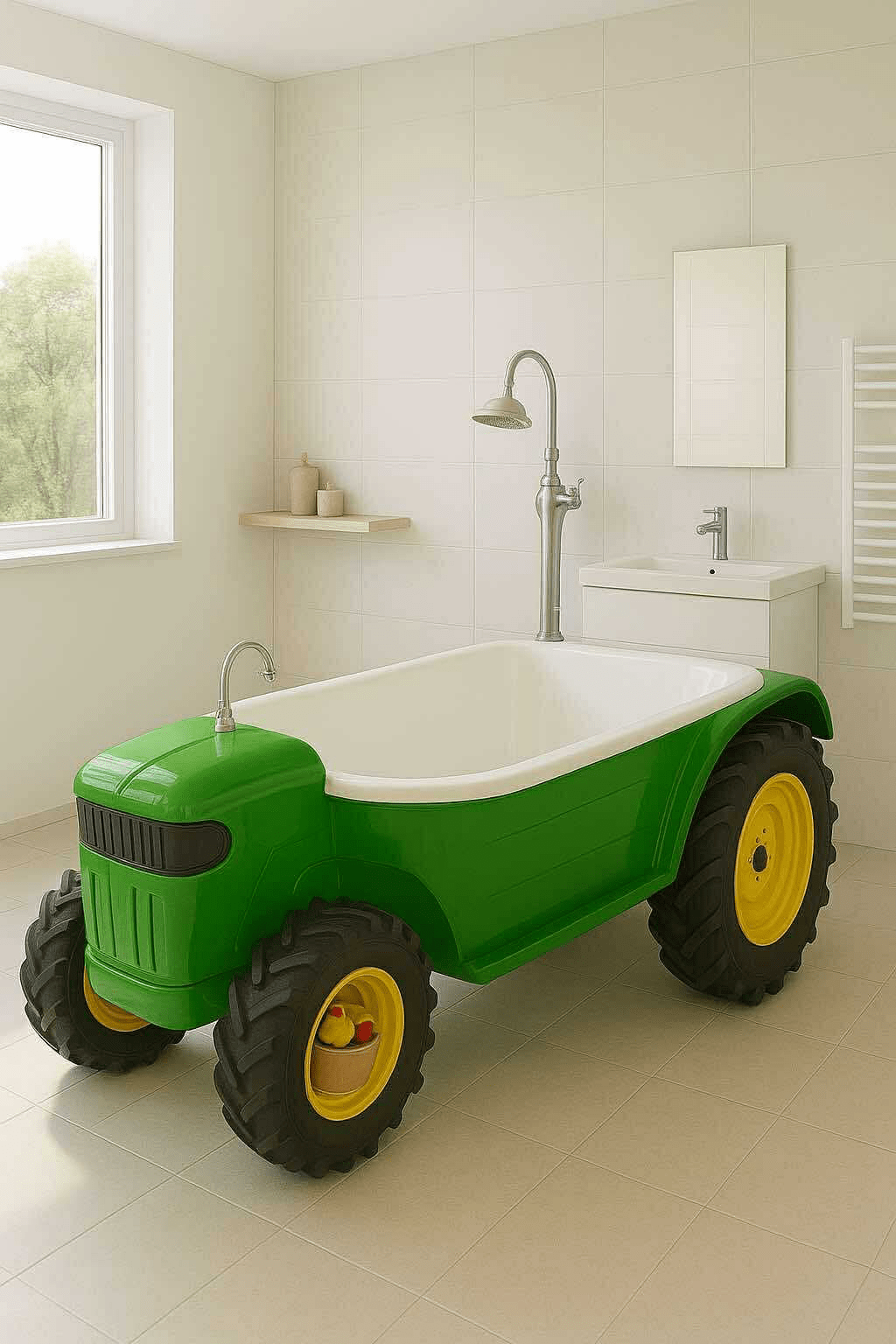A green tractor-inspired bathtub featuring yellow wheel details in a modern bathroom setting.
