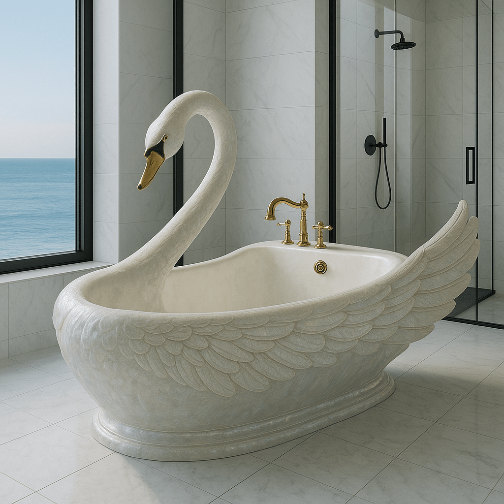 Elegant ivory swan shaped bathtub with gold fittings set in a refined bathroom with marble tiles.