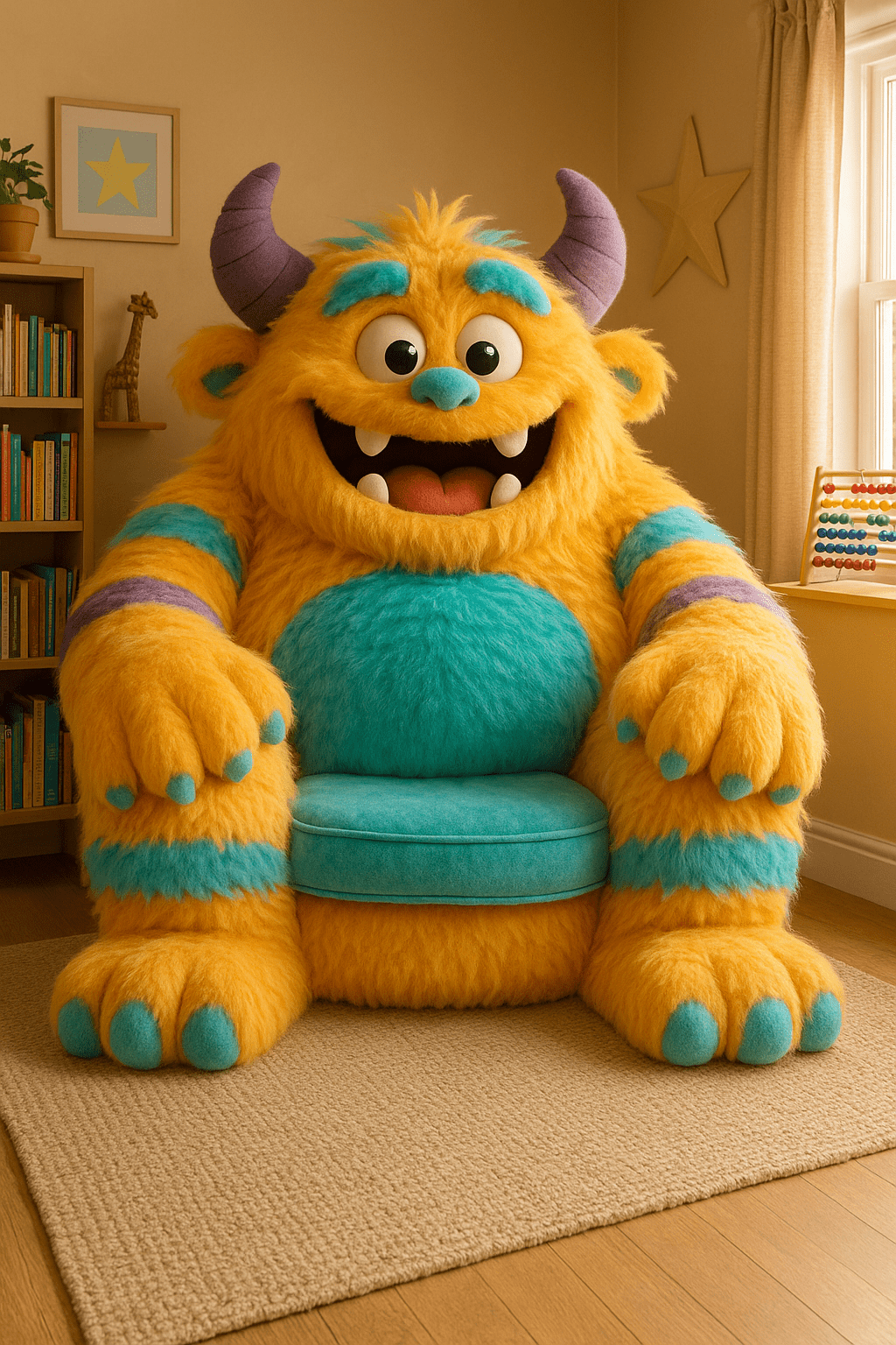 Vibrant yellow monster hug chair with turquoise details and purple horns