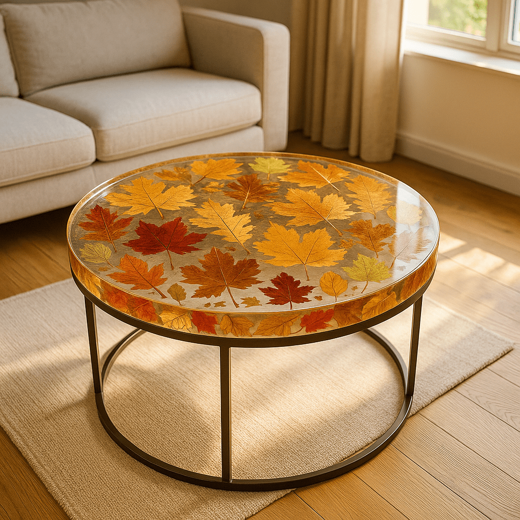 Round resin coffee table with autumn leaf design and black metal base placed in a bright living room.