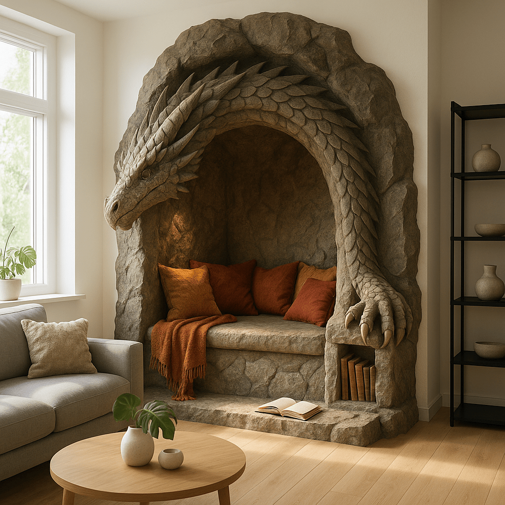 Stone-effect alcove reading nook with dragon head and claw design, decorated with orange cushions and books.