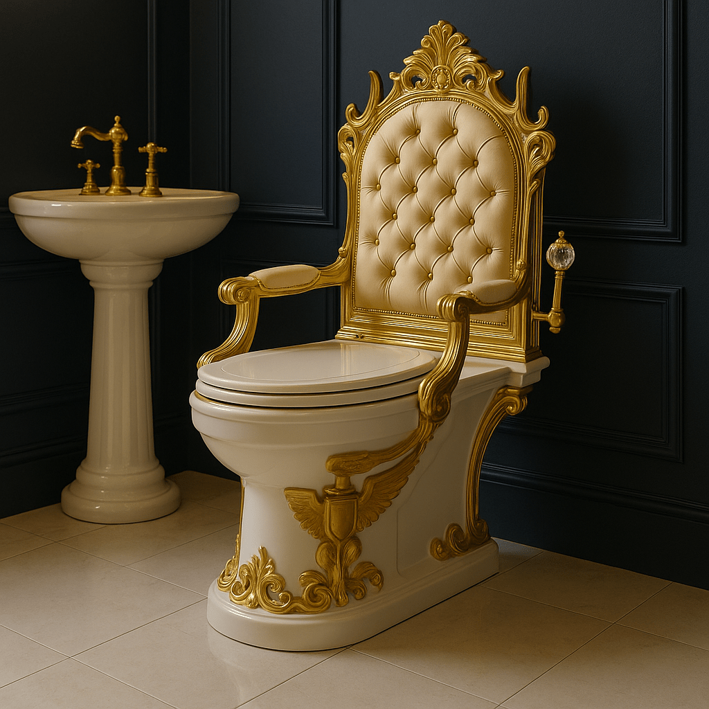 Elegant throne-style toilet with cream upholstery and gold accents in a refined bathroom setting