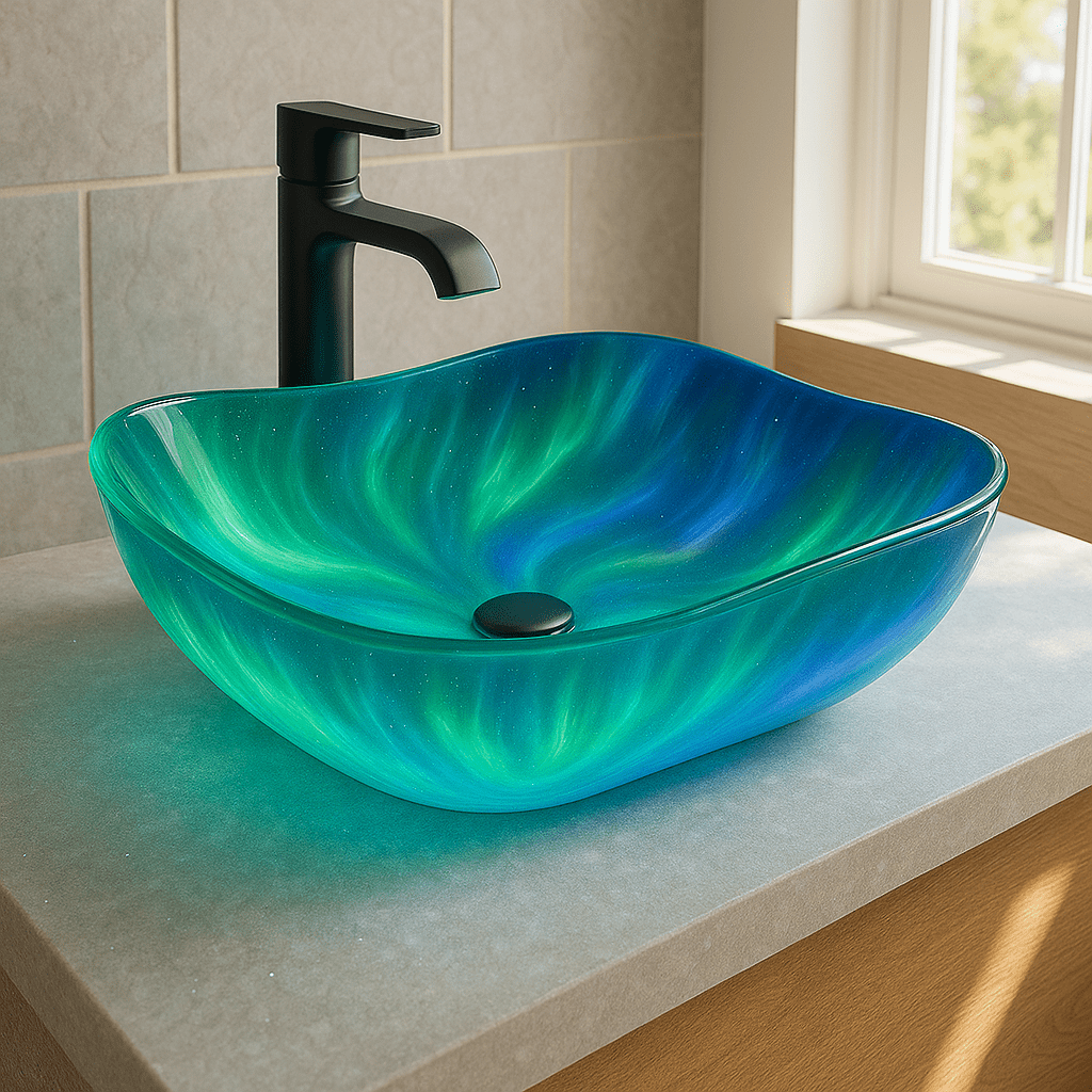 Oval glass sink basin with green and blue aurora design and smooth, organic shape