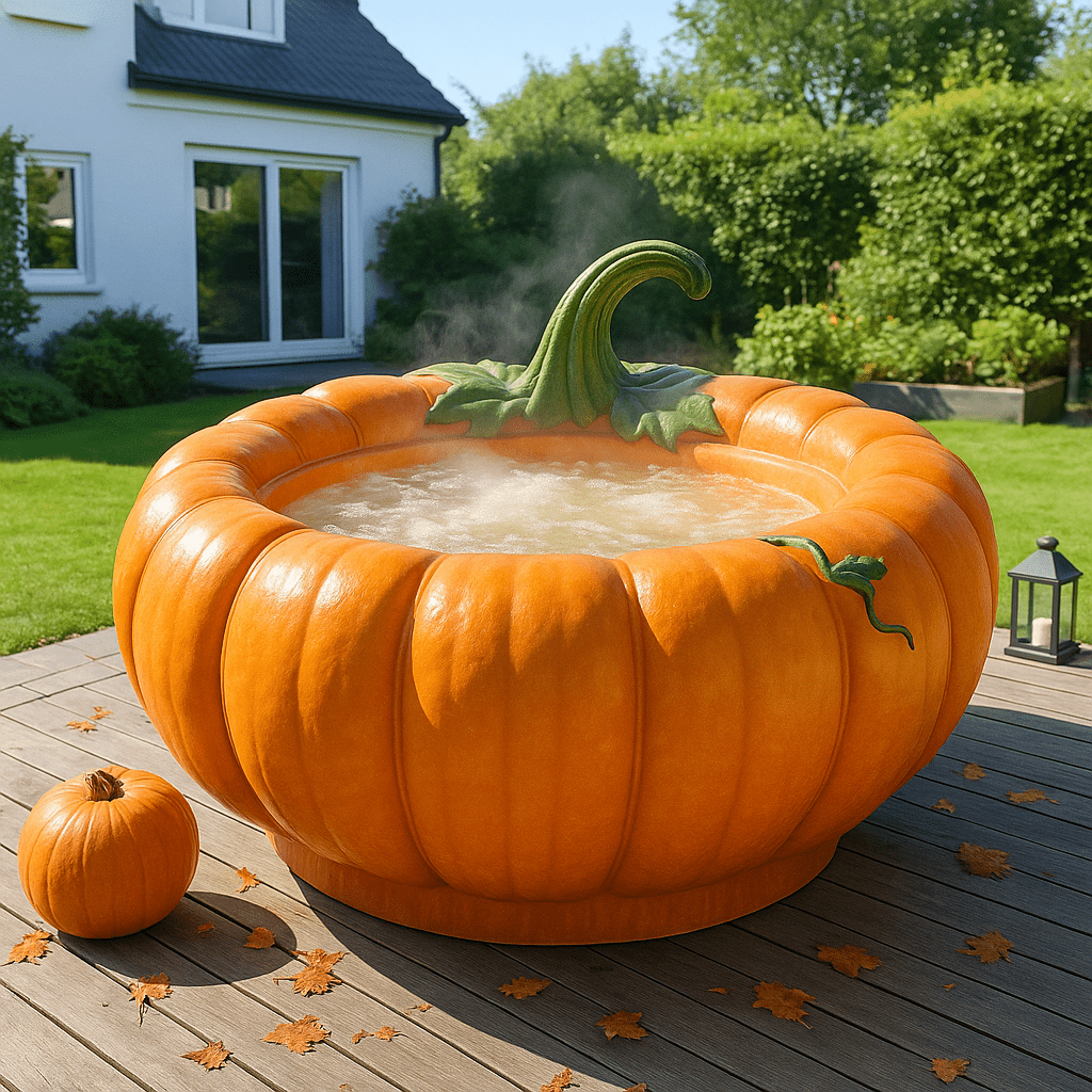 Large orange pumpkin hot tub with bubbling water in a garden setting