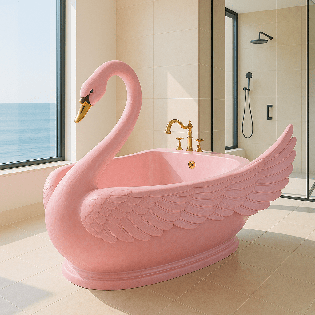 Playful pink swan shaped bathtub with gold taps in a sunlit luxury bathroom by the ocean.