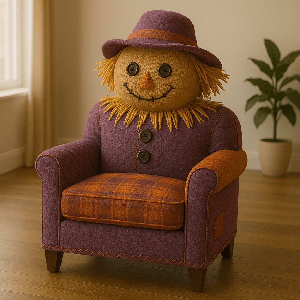 A whimsical purple and orange Scarecrow Chair with button eyes, straw details, and plaid cushion.
