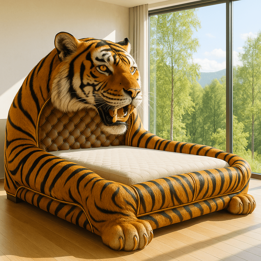 Luxury bed shaped like a tiger with lifelike headboard and striped design in a modern bedroom.