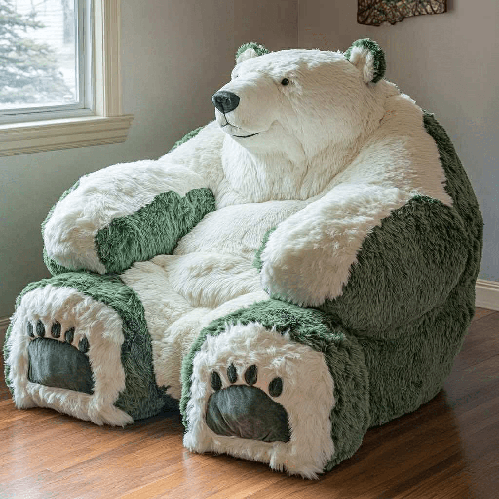 Large green and white armchair placed near a window with natural daylight.