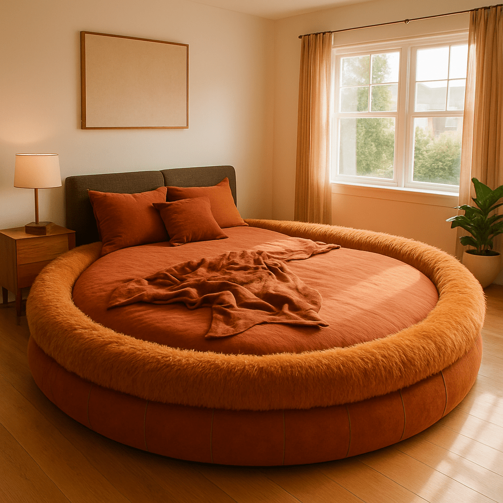 Warm rust-coloured round fur-trimmed bed with cosy bedding in a modern bedroom.