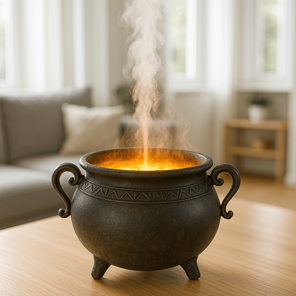 A cauldron diffuser producing glowing orange mist on a wooden table.