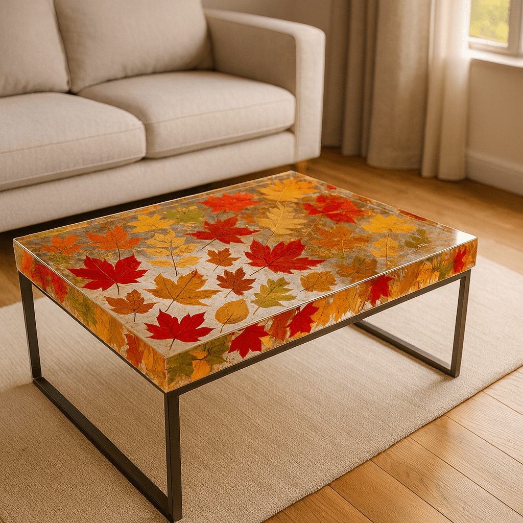 Rectangular resin coffee table with vibrant autumn leaves and a black metal frame in a cosy lounge.