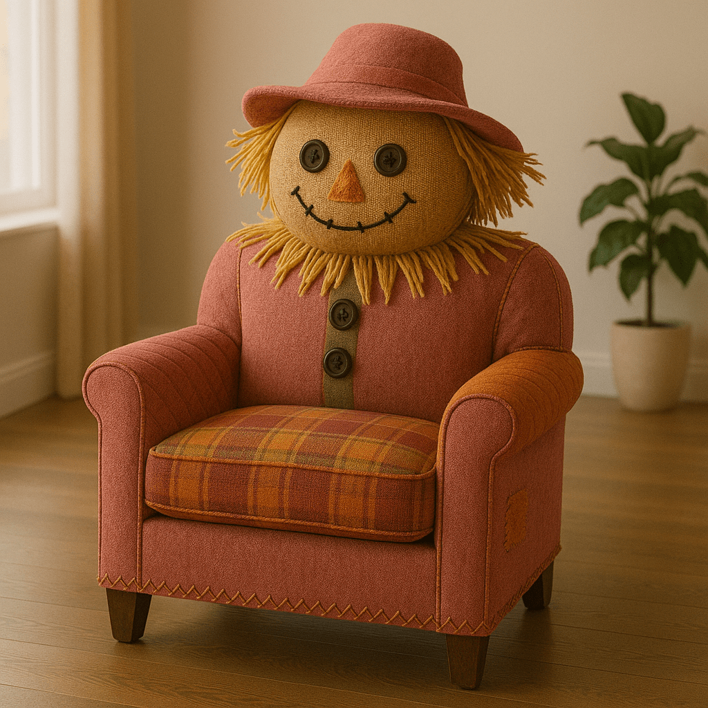 Cosy Scarecrow Chair in warm red with orange arms and a plaid cushion, designed with a cheerful scarecrow face.