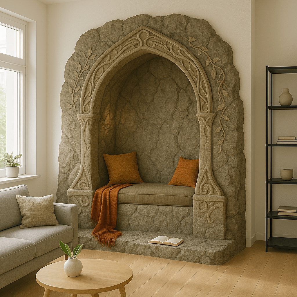Stone alcove reading nook framed by gothic arch carvings with leafy details, styled with green cushions and orange throw.