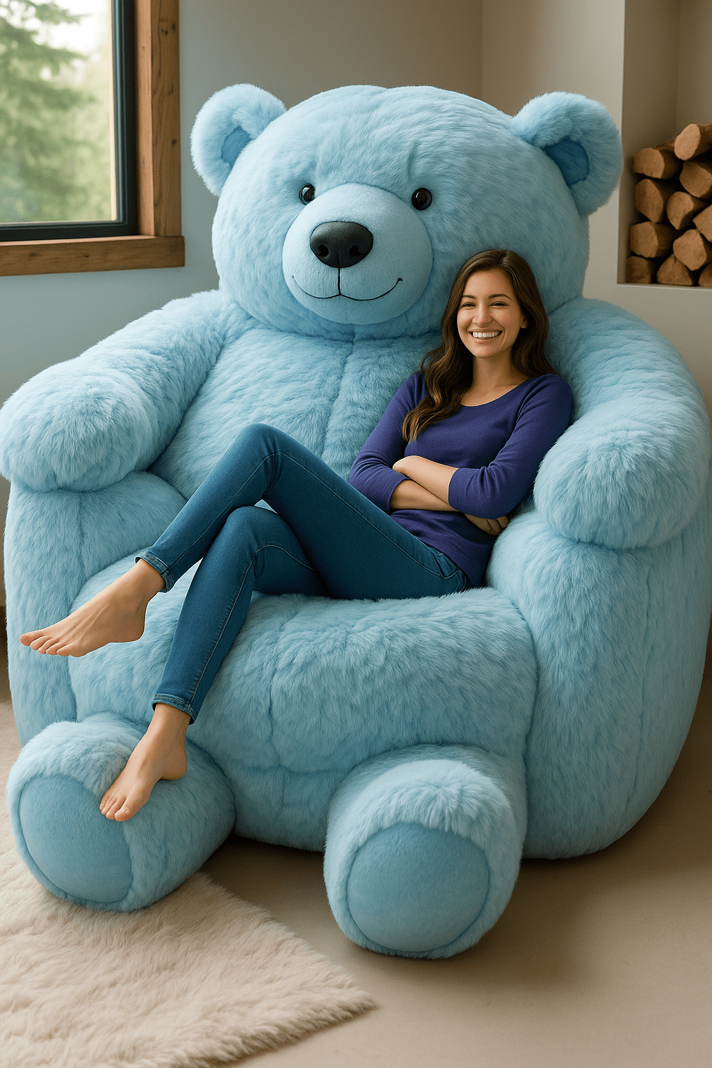 Woman sitting on oversized blue teddy bear chair in contemporary room