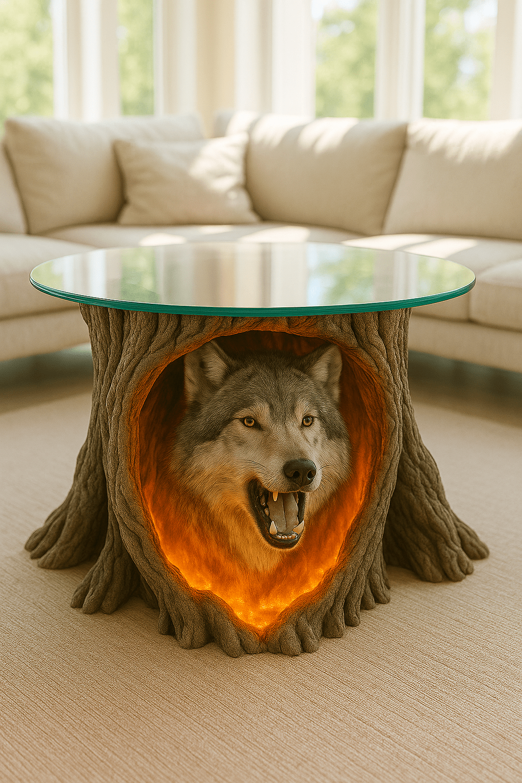 Glass-top coffee table featuring a glowing wolf design inside a sculpted tree trunk base.
