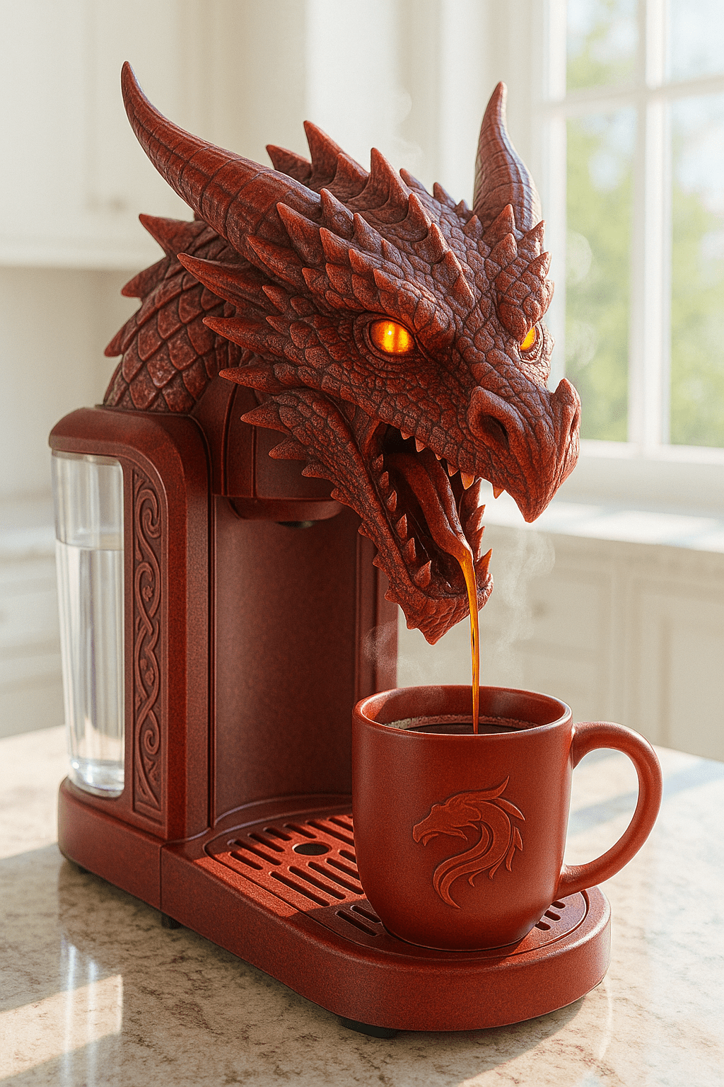 A red dragon coffee machine with glowing eyes pouring steaming coffee into a red dragon-emblem mug.