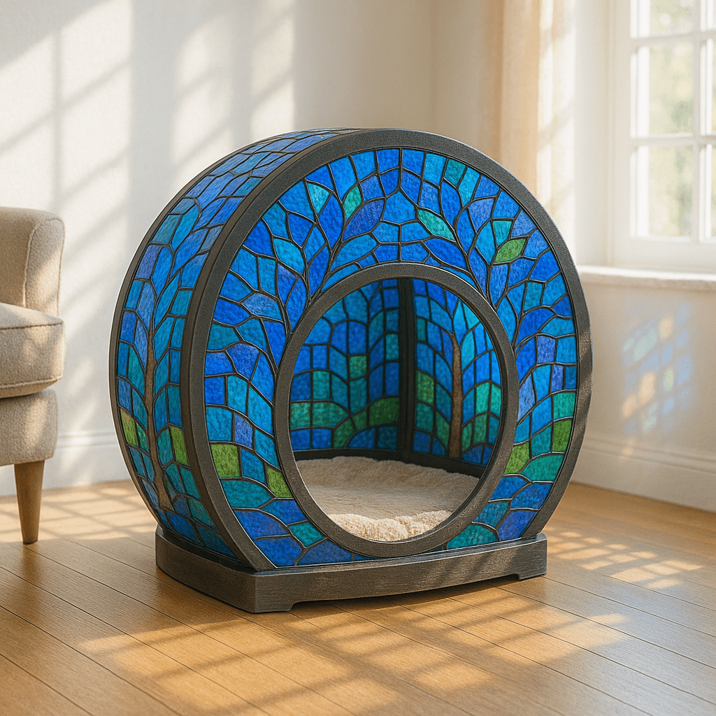 Circular stained glass pet pod with blue and green leaf designs, placed on a wooden floor near a window.