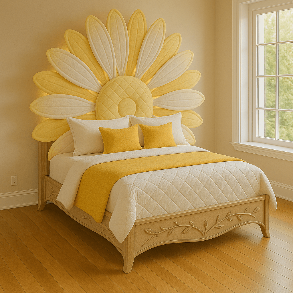 Bright daisy-inspired bed with sunny yellow petals and white quilted bedding