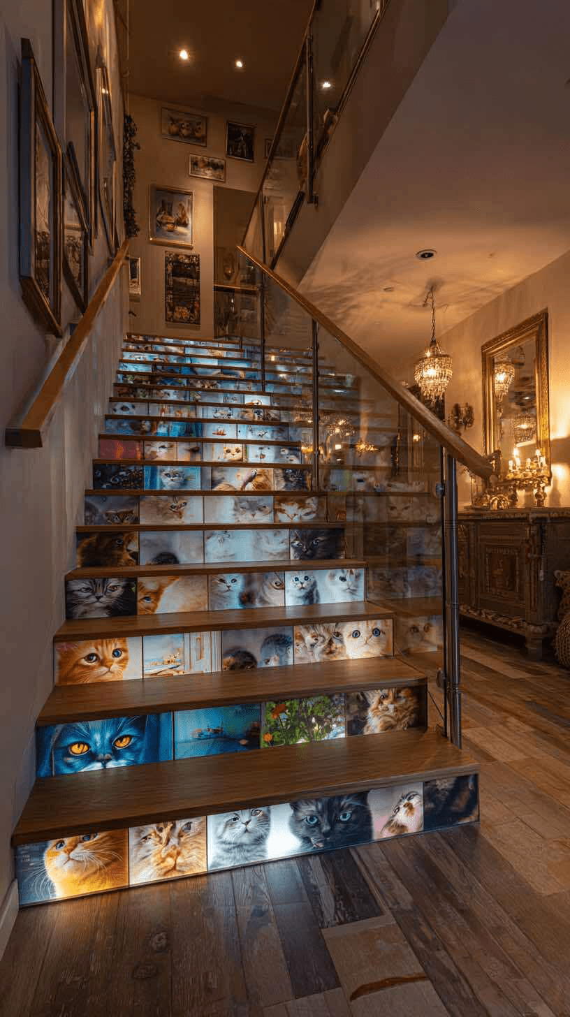 Large staircase with glowing cat portrait risers and glass sides