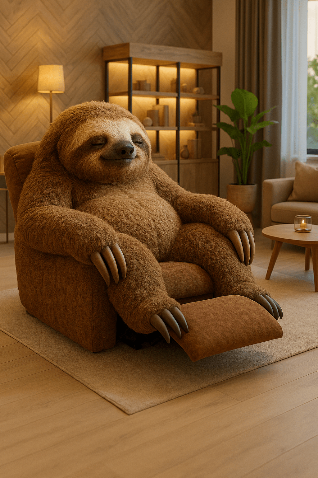 Oversized sloth-shaped recliner armchair with cosy brown tones in a stylish living room