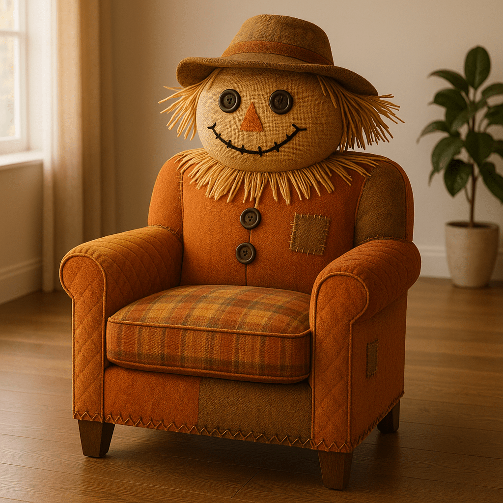 Autumn-inspired Scarecrow Chair in burnt orange and brown patchwork with button eyes and stitched details.