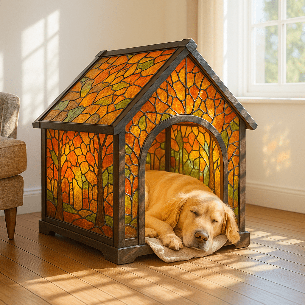 Golden Retriever resting inside a stained glass dog house decorated with autumnal orange and green tones.