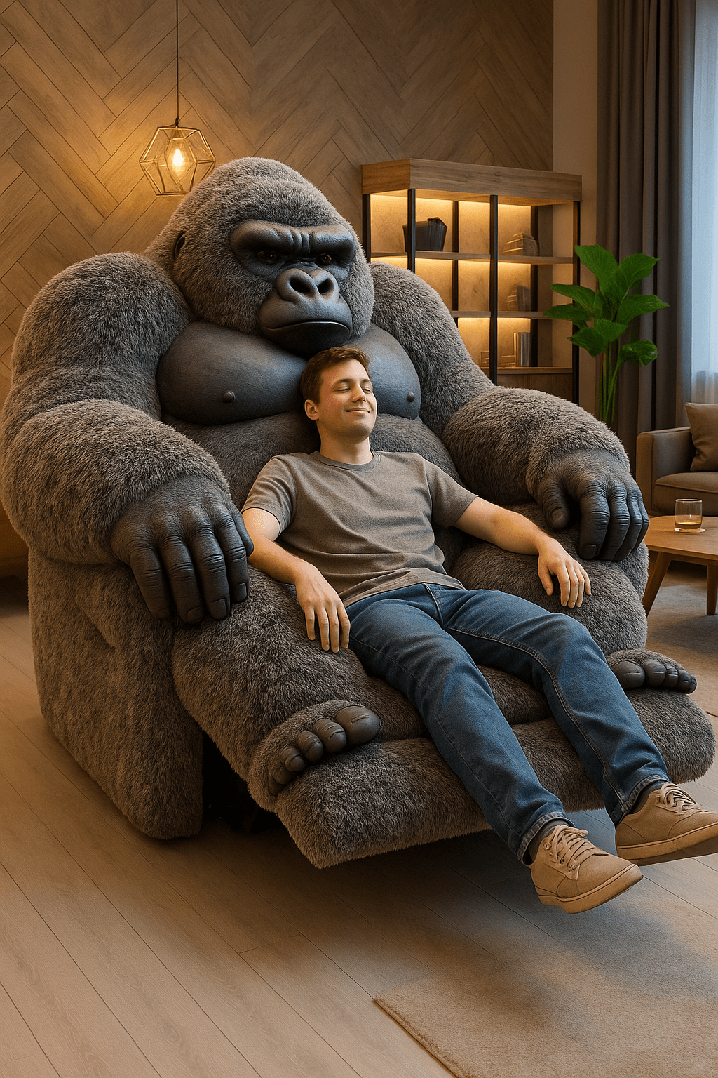 Oversized gorilla-shaped armchair with strong design and modern living room backdrop