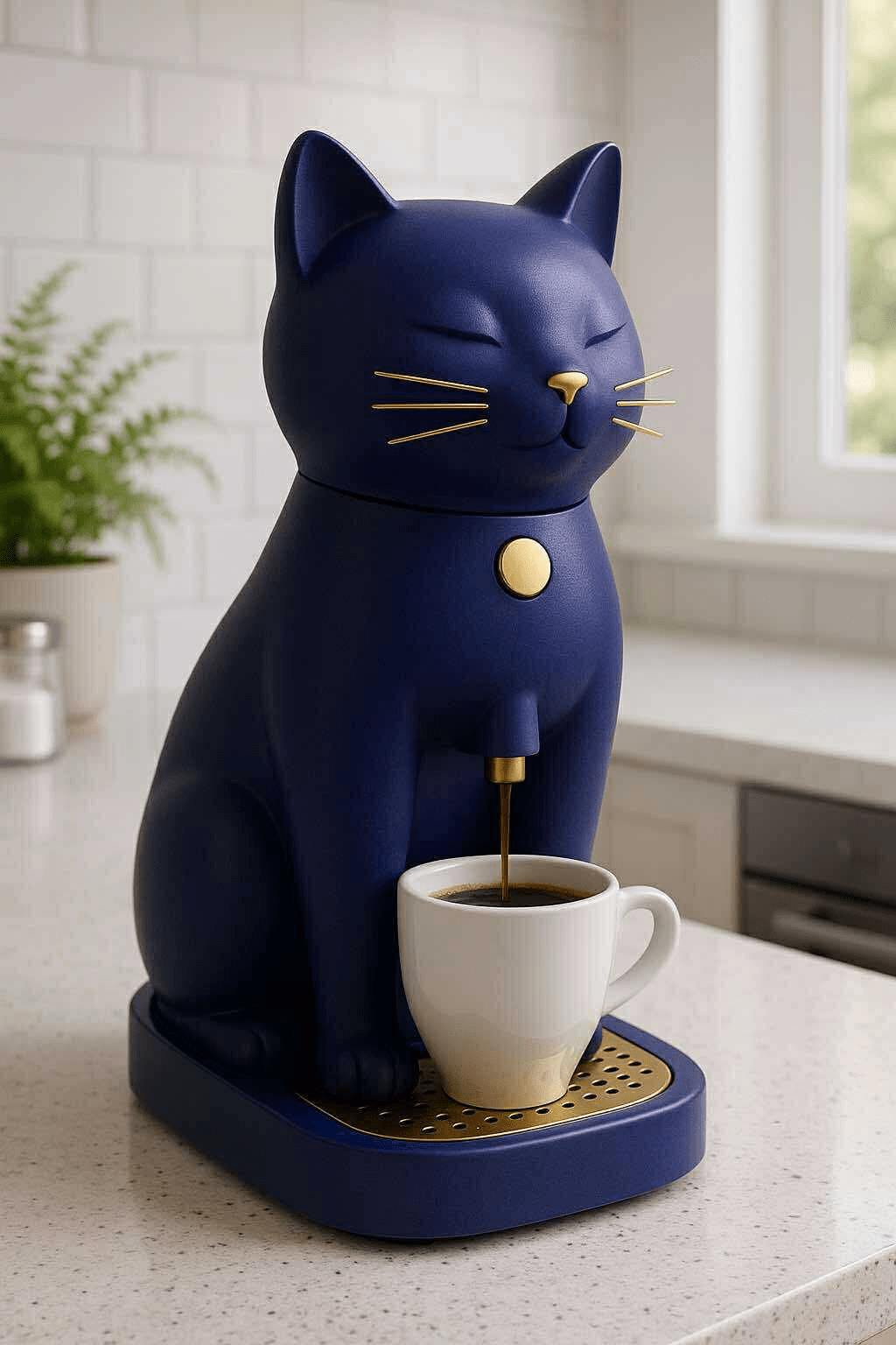 Navy blue cat coffee machine brewing coffee into a white mug on a countertop.