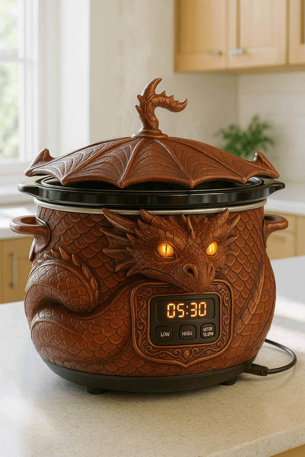Copper dragon slow cooker with intricate scale detailing and orange glowing eyes.