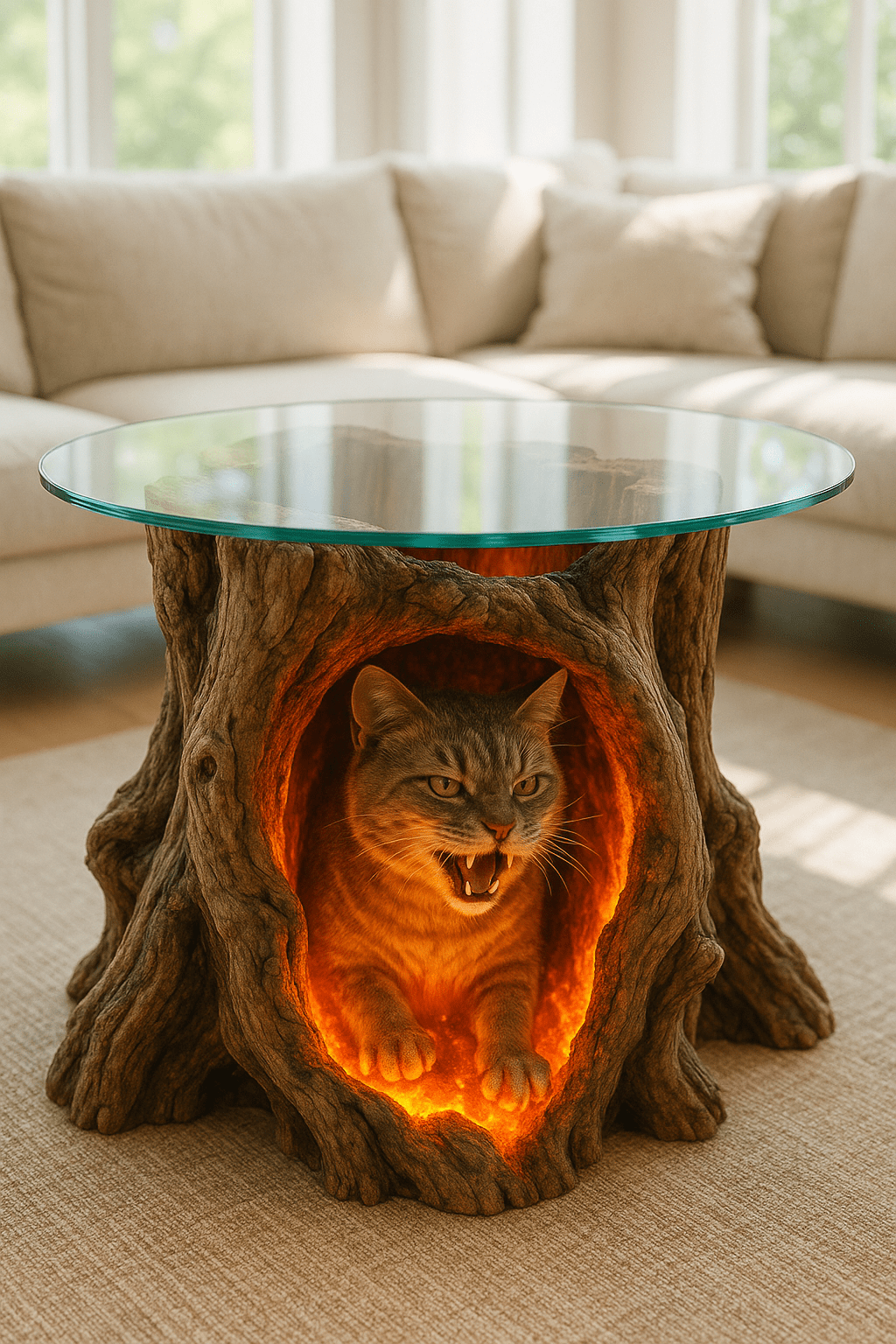 Unique coffee table with lifelike domestic cat design glowing inside carved base