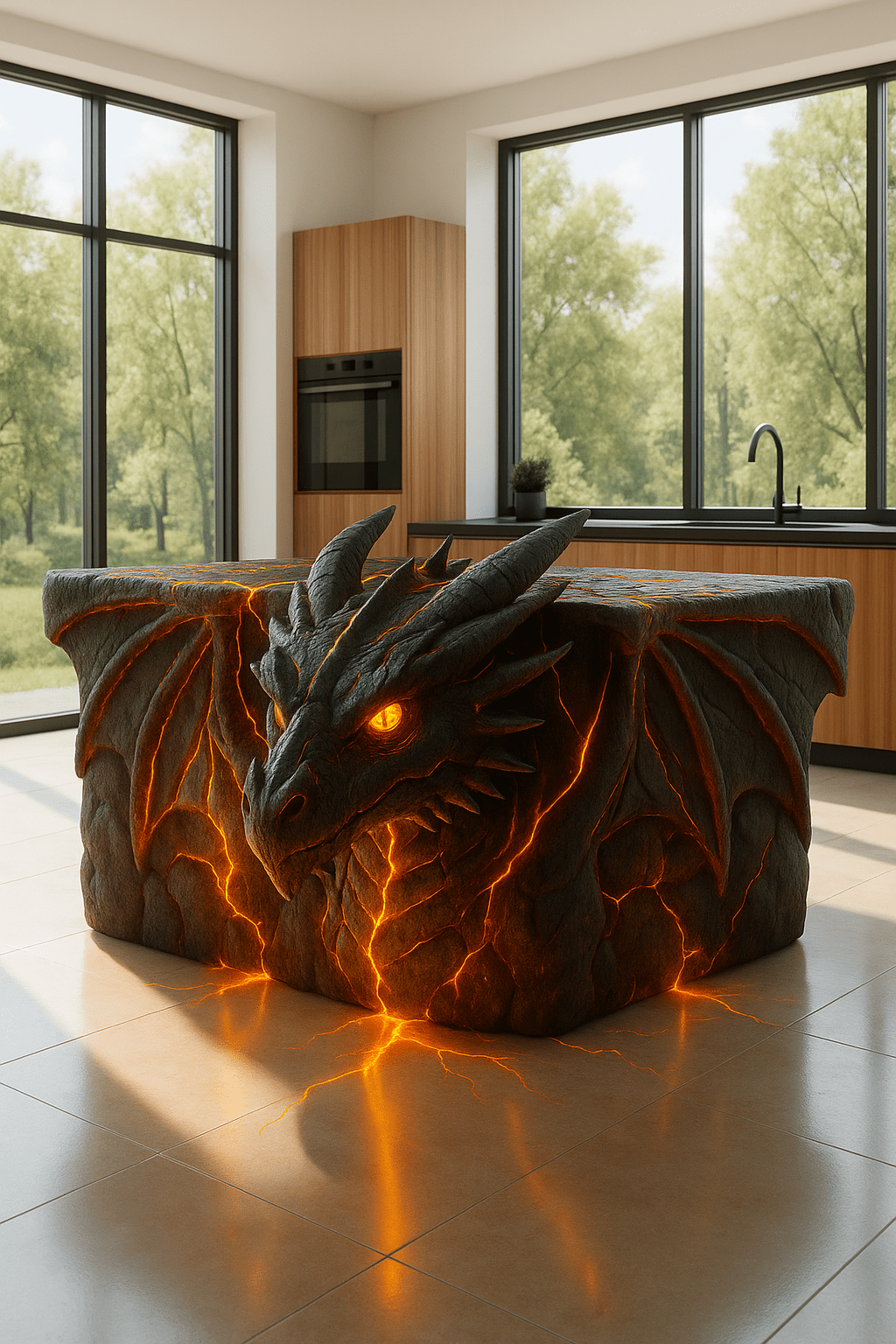 Fiery dragon kitchen island with glowing orange cracks and molten lava design in a modern kitchen.