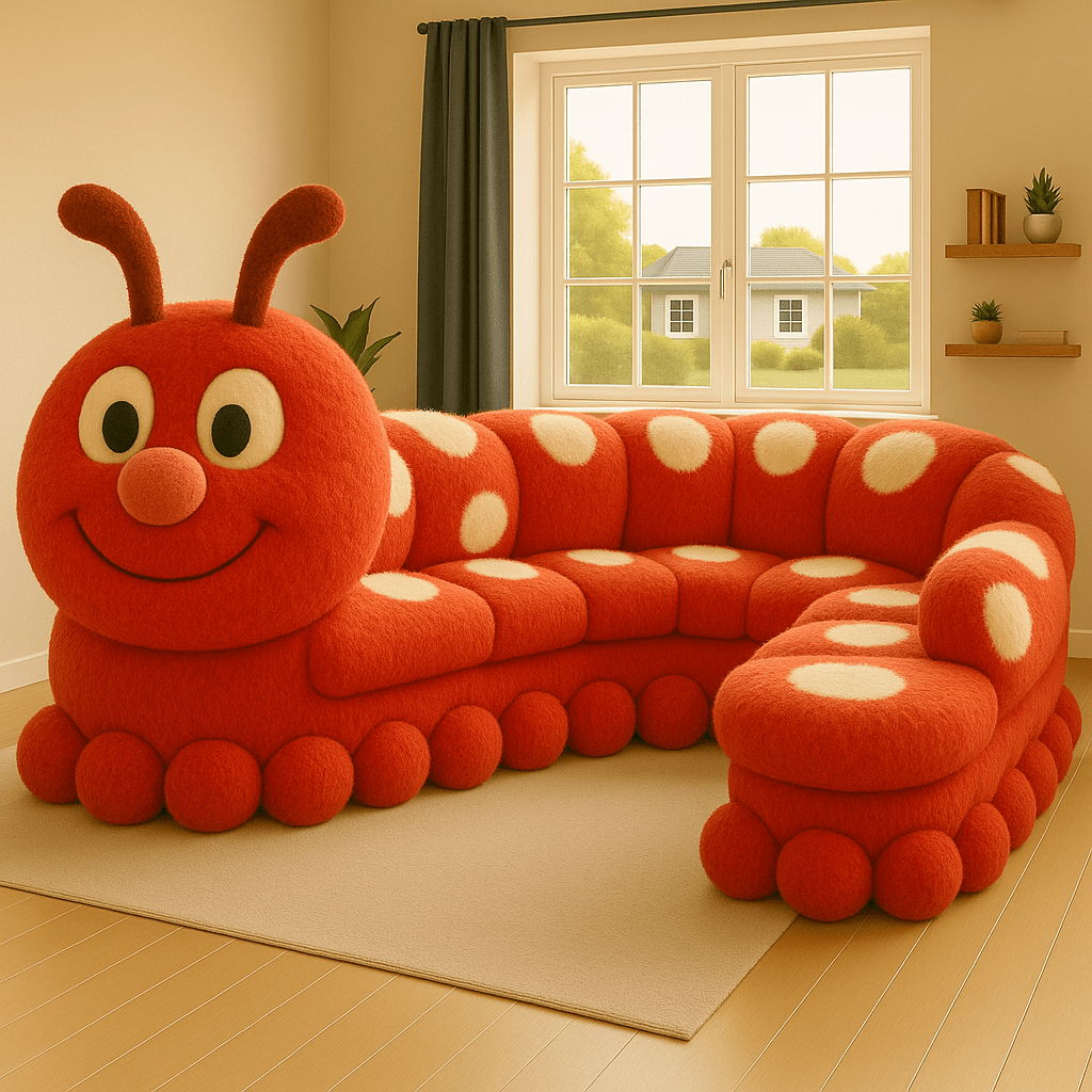 A bold red caterpillar with white spots placed in a bright living space.
