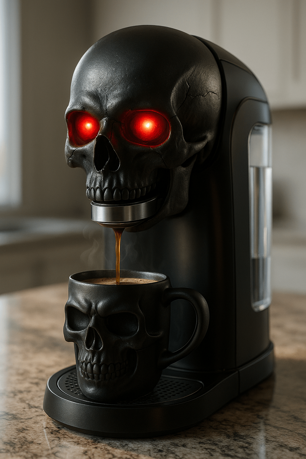 Black skull coffee maker with glowing red eyes making coffee into a matching skull mug.