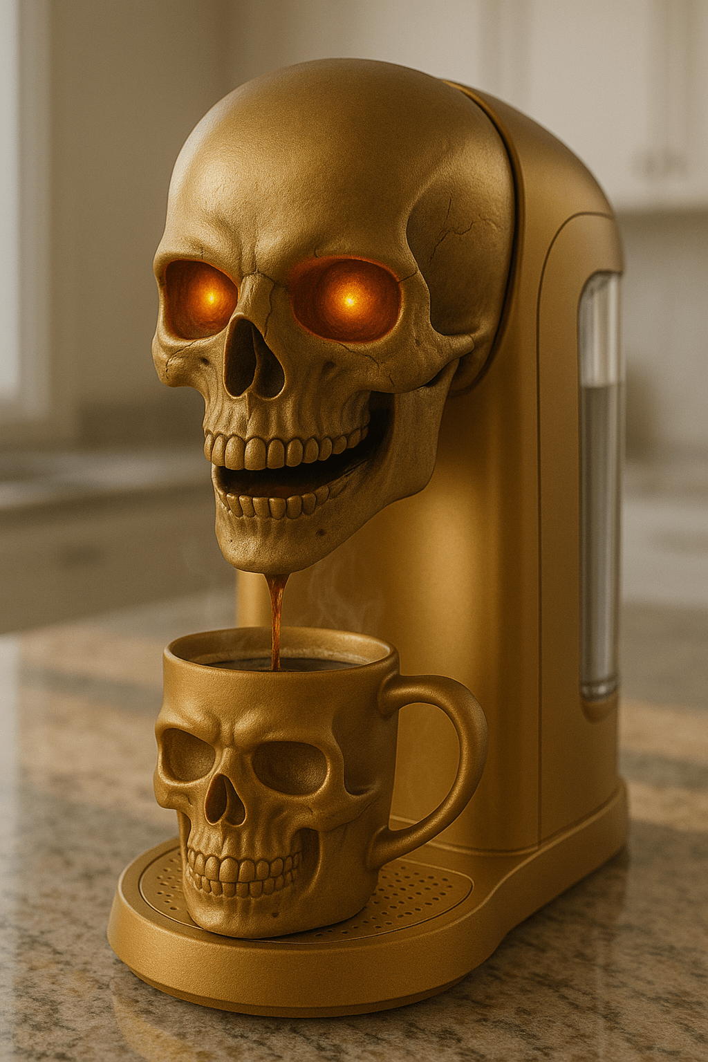 Gold skull coffee maker with glowing orange eyes brewing coffee into a matching skull mug.