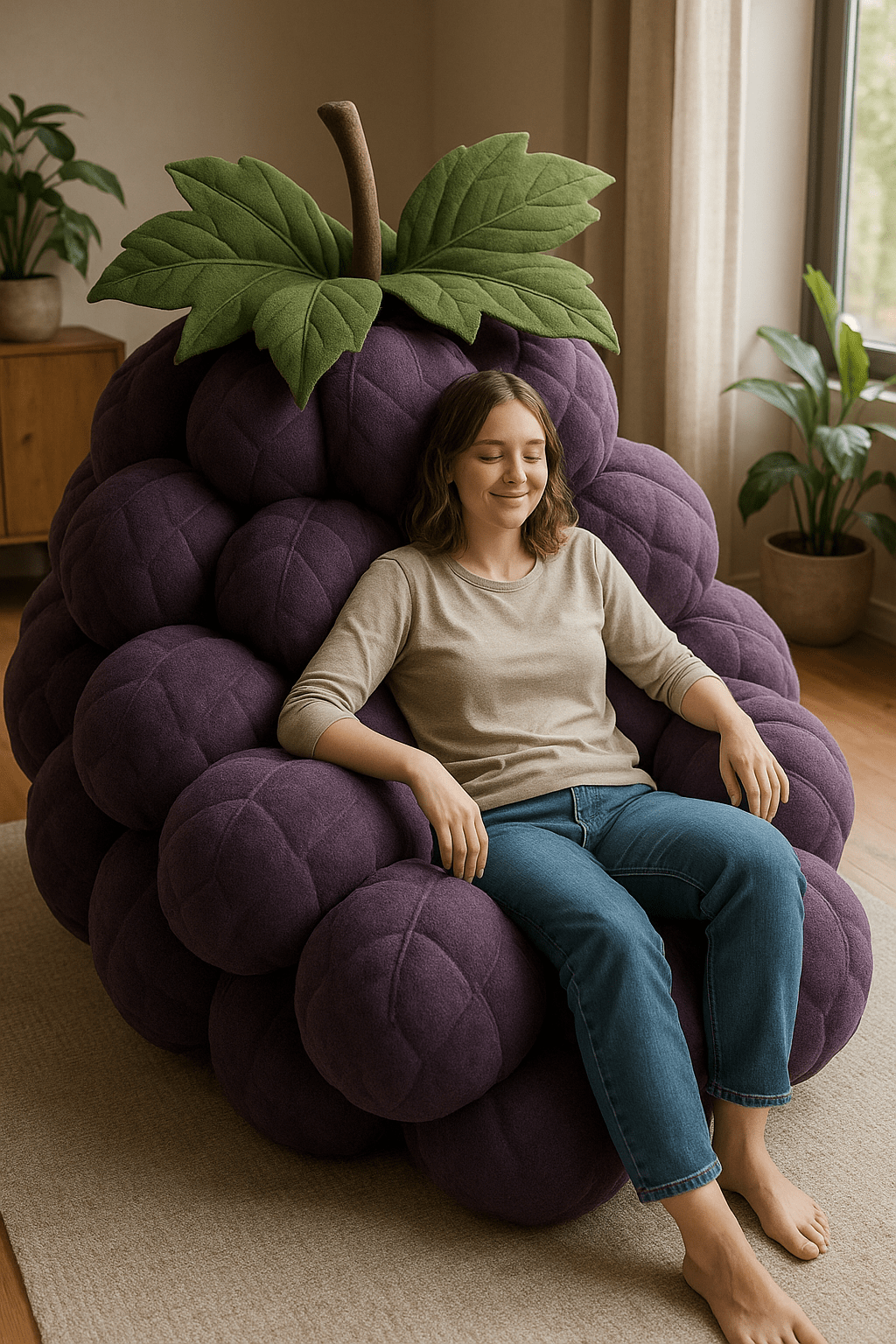 Woman relaxing on a grape-inspired armchair made from soft purple cushion clusters with green leaves.