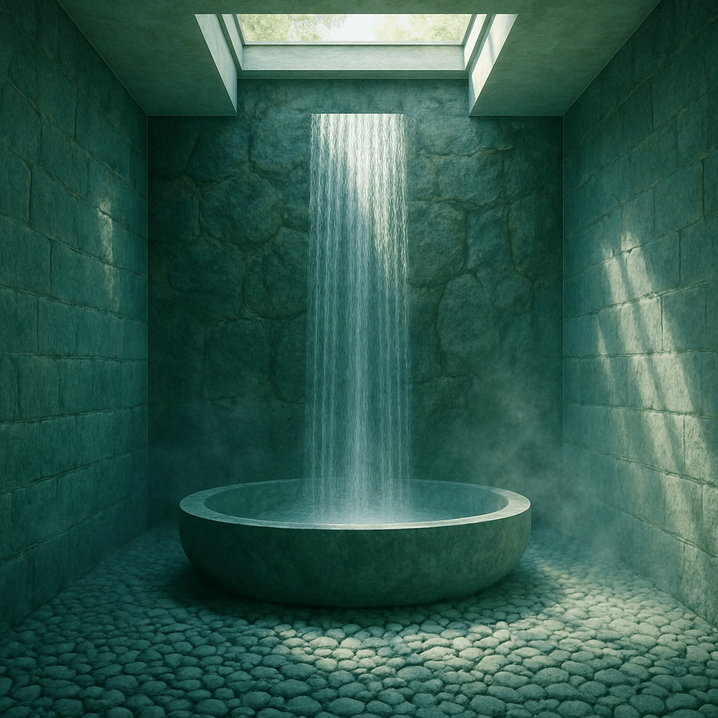 Serene spa room with a circular stone bath and cascading waterfall against green stone walls