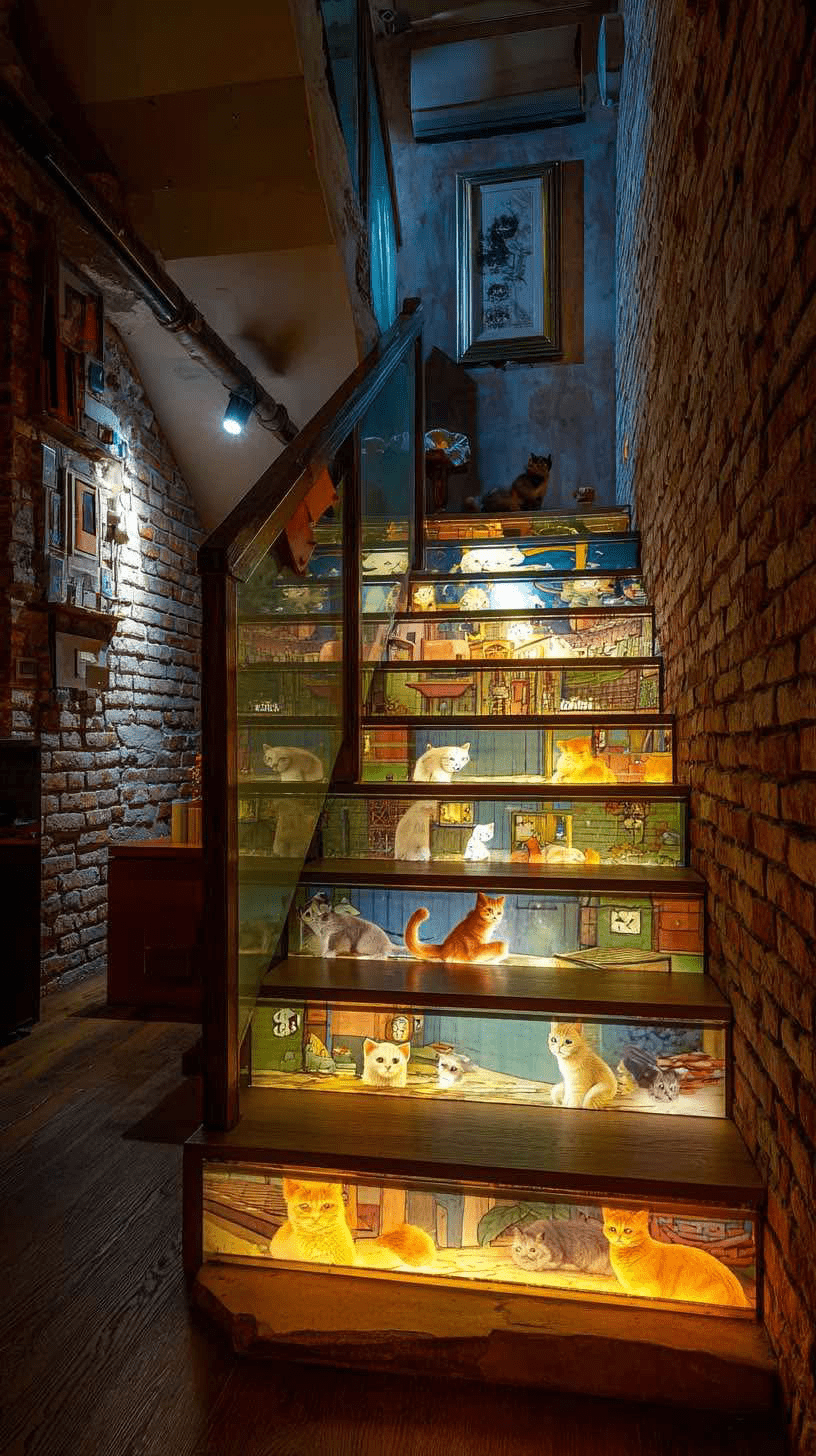 Brick-walled staircase with cartoon cat illustrations and glowing light