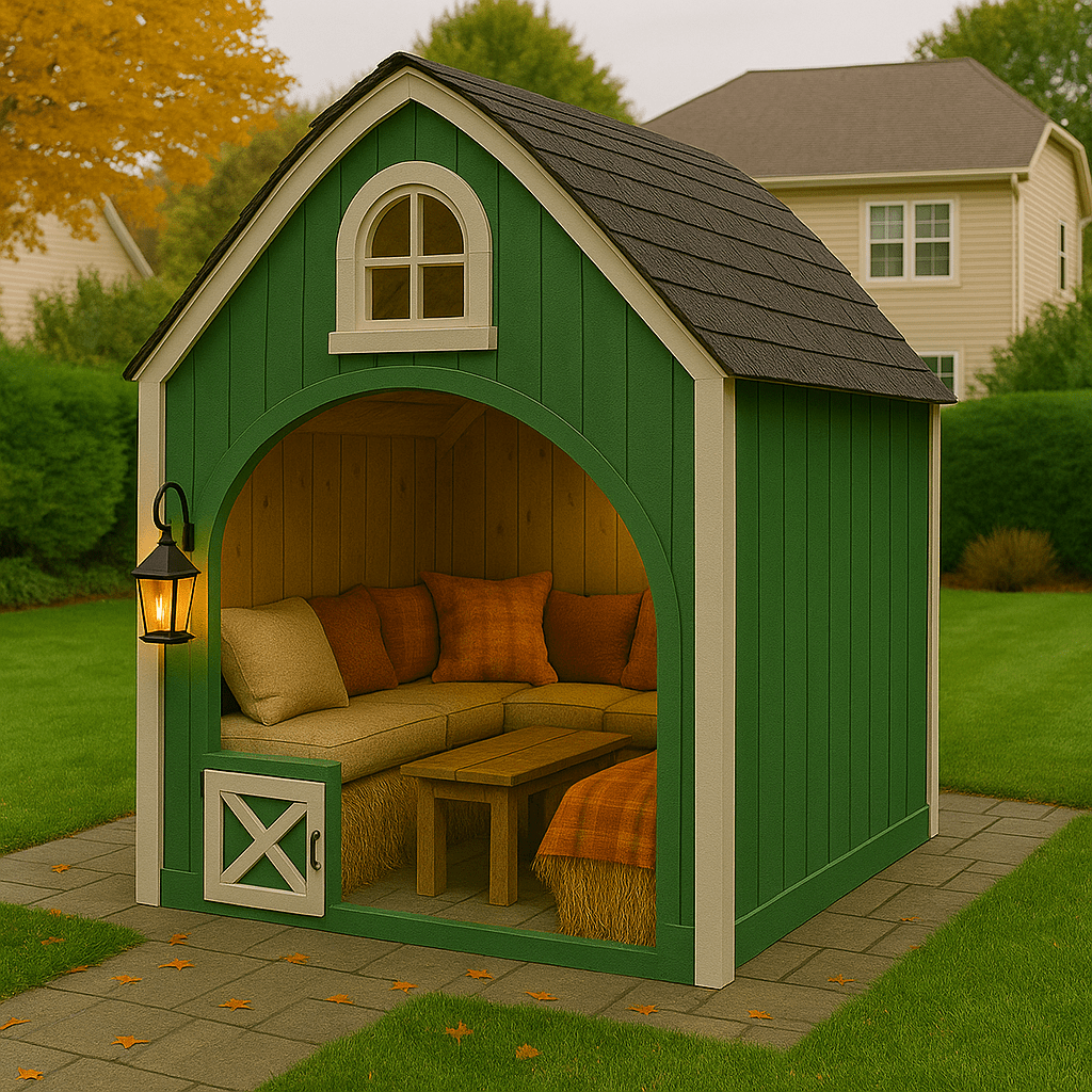 A deep green barn pod with cosy seating, autumn pillows, and a lantern for evening ambience.