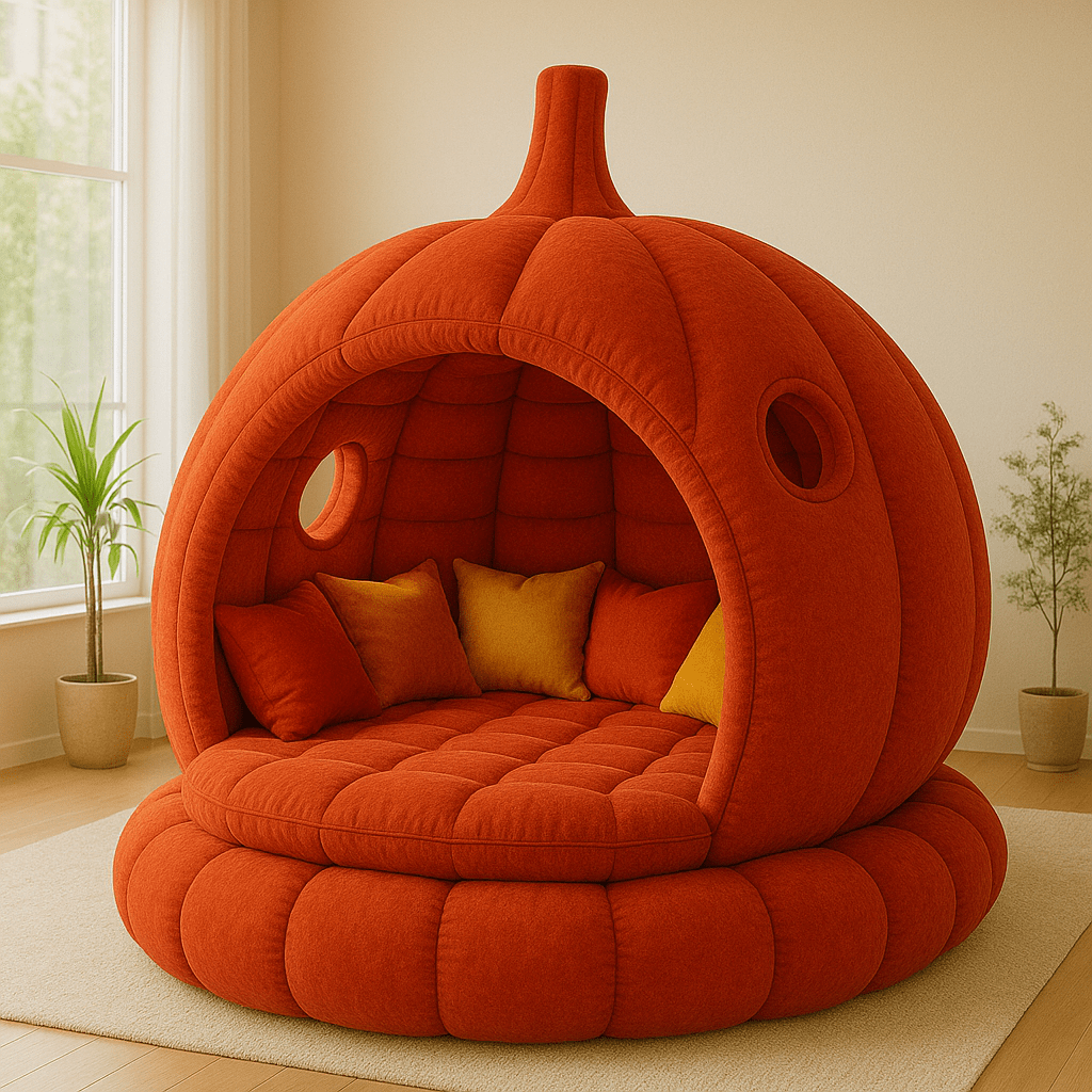 Bold red pumpkin-shaped bed with contrasting yellow cushions in a cosy room